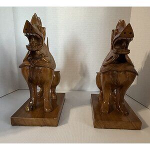 Hand-Carved Wooden Foo Dog Guardian Lion Shisa Statues Vintage